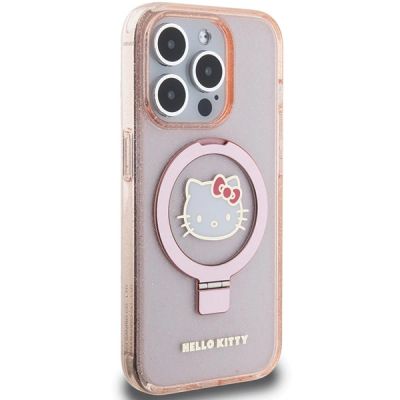 4. Etui Hello Kitty Ring Stand Glitter Electrop Logo MagSafe na iPhone 15 Pro - różowe