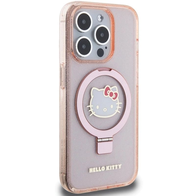 4. Etui Hello Kitty Ring Stand Glitter Electrop Logo MagSafe na iPhone 15 Pro - różowe