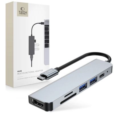 HUB Tech-Protect V4 6w1 USB-C - USB-A 3.0 / USB-A 2.0 / USB-C / HDMI / czytnik kart micro SD / TF / SD - szary