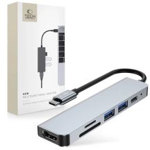 HUB Tech-Protect V4 6w1 USB-C - USB-A 3.0 / USB-A 2.0 / USB-C / HDMI / czytnik kart micro SD / TF / SD - szary