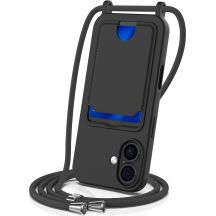 Etui na iPhone 17 z TPU z uchwytem na kartę i smyczą crossbody - czarne