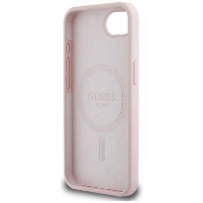7. Etui Guess Silicone Script Metal Logo MagSafe na iPhone 16e - różowe