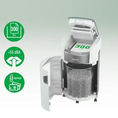 4. Niszczarka Leitz IQ Optimax AutoFeed 300, P4, 300 kartek, 25 l kosz