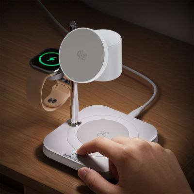 8. Ładowarka bezprzewodowa Acefast E39 Qi2.2 25W 4w1  biurkowa na telefon zegarek i słuchawki z lampką nocną - biała