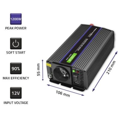 4. QOLTEC PRZETWORNICA NAPIĘCIA MONOLITH 1200 MS WAVE | 12V NA 230V | 600/1200W | USB