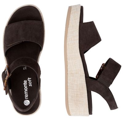 5. Skórzane sandały damskie na koturnie brązowe Remonte by Rieker D1N54-25