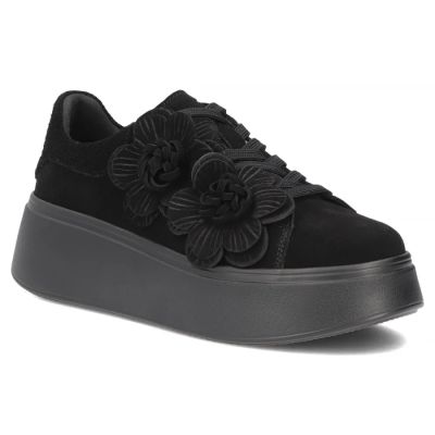 Skórzane sneakersy damskie na platformie z kwiatami zamszowe czarne Filippo  DP8113
