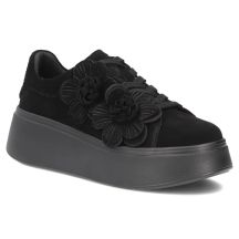 Skórzane sneakersy damskie na platformie z kwiatami zamszowe czarne Filippo  DP8113