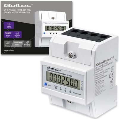 12. Qoltec 50980 Trójfazowy elektroniczny licznik z resetem | miernik zużycia energii na szynę DIN | 400V | 100A | LCD | LED | 4P