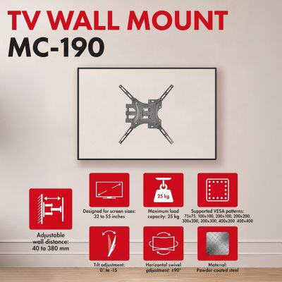 2. MACLEAN UCHWYT WIESZAK DO TV 32-55'' UCHWYT / WIESZAK DO TV MACLEAN, MAX VESA 400X400, 32-55", DO 25KG, CZARNY, REG. POCHYŁU