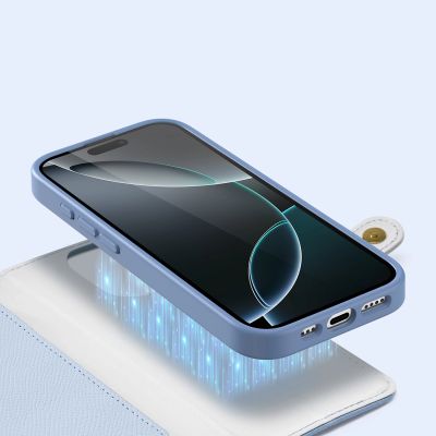 5. Etui skórzane Dux Ducis Lawa na iPhone 16 Pro Max z odłączanym portfelem magnetycznym - błękitne
