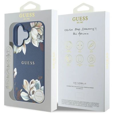 8. Etui Guess Grained Printed Flower Pattern MagSafe do iPhone 16 niebieski