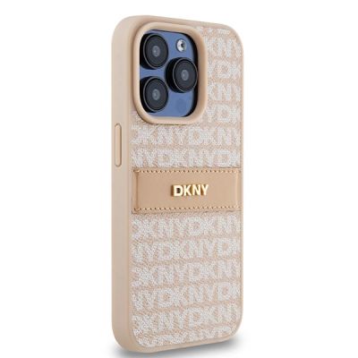 4. Etui DKNY Leather Mono Stripe & Metal Logo na iPhone 15 Pro - różowe