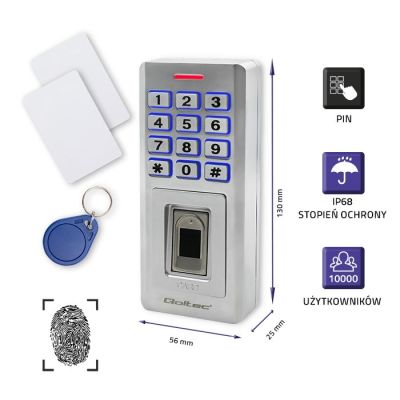 2. QOLTEC ZAMEK SZYFROWY OBERON Z CZYTNIKIEM LINII PAPILARNYCH | RFID | KOD | KARTA | BRELOK | DZWONEK | IP68 | EM