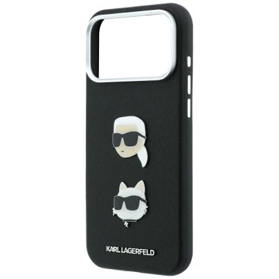 6. Etui Karl Lagerfeld Saffiano with Karl & Choupette Heads Pins & Logo na iPhone 18 Pro Max / 17 Pro Max - czarne