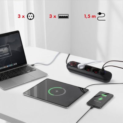 9. MACLEAN LISTWA ZASILAJĄCA, PRZEDŁUŻACZ 3 GNIAZDA + 3XUSB, 110-240V AC 50/60HZ, 2.1A MAX 2500W, 1,5M, CZARNA MCE394 B