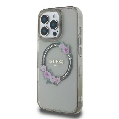 2. Etui Guess IML Flowers Wreath MagSafe na iPhone 16 Pro - czarne