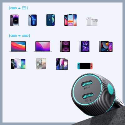 6. Ładowarka samochodowa 2x USB C 70W z podświetleniem LED Joyroom JR-CCN02 - czarna