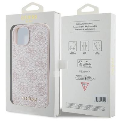 8. Etui Guess 4G Metal Gold Logo na iPhone 15 - różowe