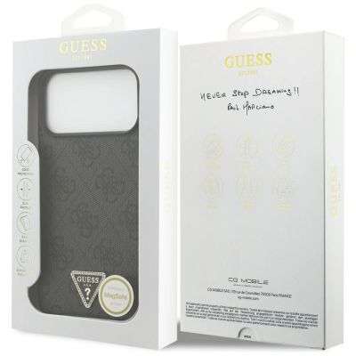 8. Etui Guess Leather 4G Triangle Strass MagSafe na iPhone 17 Pro Max / 18 Pro Max - czarne