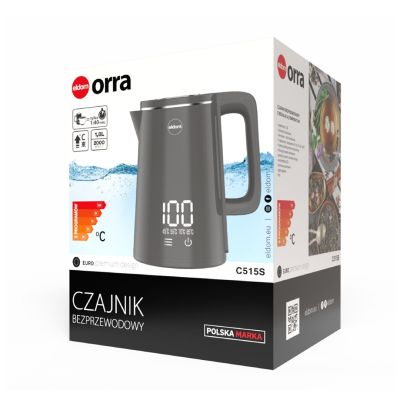12. ELDOM CZAJNIK BEZPRZEWODOWY C515S ORRA 1,8L 2000W, SZARY, 5 PROGRAMÓW 45,55,70,85,100°C, PODTRZYMYWANIE TEMPERATURY