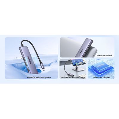 8. Ugreen Wielofunkcyjny HUB 5w1 USB-C  - HDMI 1.4 / 3 x USB-A / USB-C PD 100W CM511 - szary