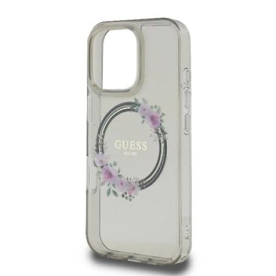 6. Etui Guess IML Flowers Wreath MagSafe na iPhone 16 Pro - czarne