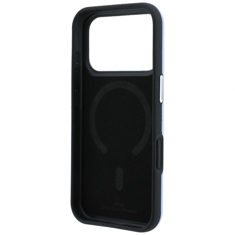 7. Etui BMW Sign Inclined Deboss Letters MagSafe na iPhone 17 Pro / 18 Pro - niebieskie