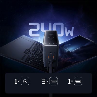 11. Ładowarka sieciowa Baseus Digital GaN 3xUSB-C 1xUSB-A 240W z kablem zasilającym - czarna
