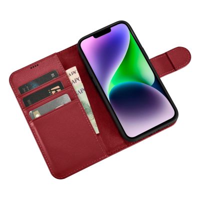 9. iCarer Wallet Case 2in1 etui iPhone 14 Plus skórzany pokrowiec z klapką Anti-RFID czerwony (WMI14220727-RD)