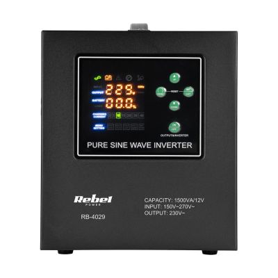 10. REBEL ZASILACZ AWARYJNY Z CZYSTYM PRZEBIEGIEM SINUSOIDALNYM I FUNKCJĄ ŁADOWANIA 12V 230V 1500VA/1050W LFP4 RB-4029