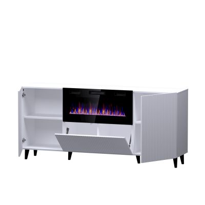 2. Komoda PAFOS z kominkiem elektrycznym 180x42x82 biały mat