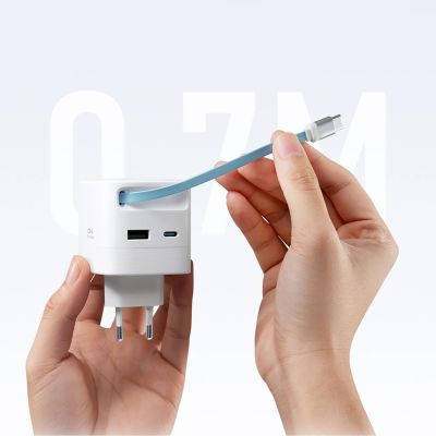 3. Ładowarka sieciowa Cuktech AD653W 67 W GaN 2x USB-C + USB-A ze zwijanym kablem USB-C 70 cm - biała