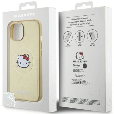 8. Etui Hello Kitty Leather Kitty Head MagSafe na iPhone 15 - złote