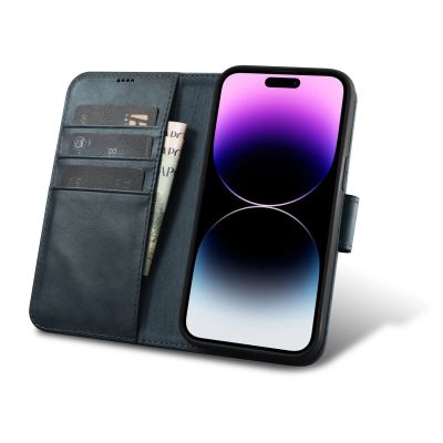2. iCarer Oil Wax Wallet Case 2in1 etui iPhone 14 Pro Max skórzany pokrowiec z klapką Anti-RFID niebieski (WMI14220724-BU)