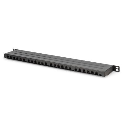 13. Panel krosowy high density 19'' 24x RJ45, LSA poziom, kat.6, ekranowany, 0.5U, czarny, prowadnica kabli