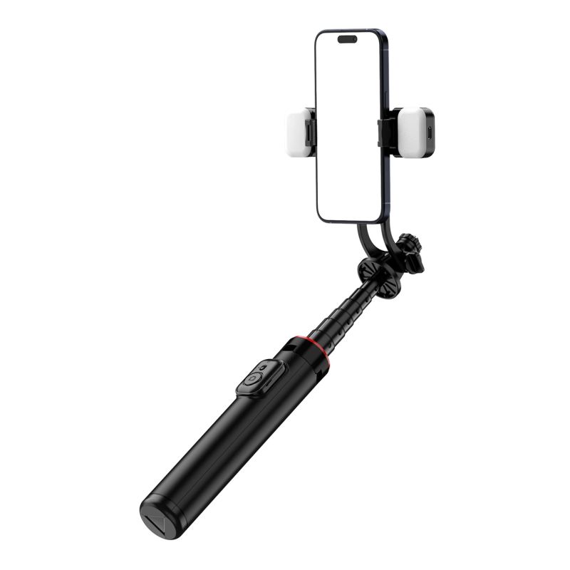 7. Selfie stick WC12YDS teleskopowy tripod 1.3m ze stopu aluminium z podwójną lampą i uchwytem na telefon - czarny