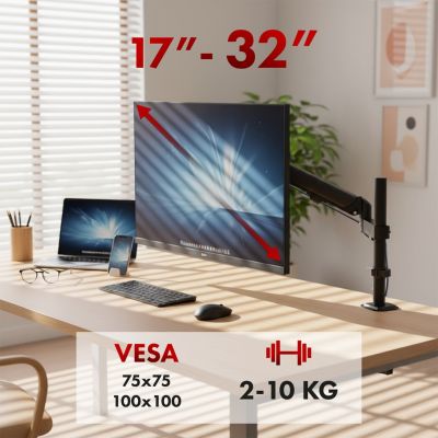 11. MACLEAN UCHWYT NA MONITOR, SPRĘŻYNA GAZOWA, 17"-32", 2-10KG, CZARNY MC-135
