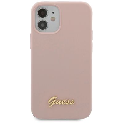 6. Etui Guess Silicone Script Gold Logo na iPhone 12 mini - jasnoróżowe