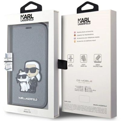7. Etui Karl Lagerfeld Saffiano Karl&Choupette na iPhone 14 - srebrne