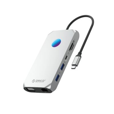 Stacja dokująca USB-C Orico XCR 12w1 RGB 2x USB-A 3.1 1x USB-A 2.0 1x USB-C PD 100 W 1x USB-C 3.1 2x HDMI 2.0 4K 60Hz 1x VGA 1080p 1x microSD/SD 3.0 1x RJ Gigabit Ethernet 1x Audio CTIA 3,5 mm - szara