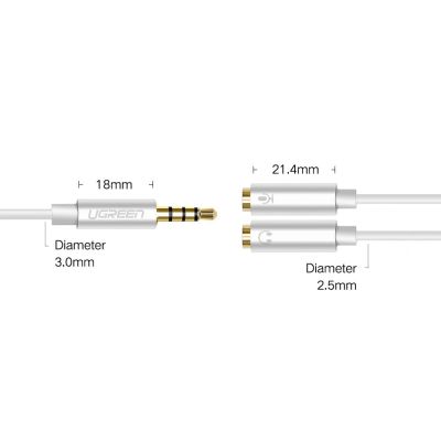 10. Ugreen kabel przewód rozdzielacz słuchawkowy 3,5 mm mini jack AUX mikrofon 20cm (mikrofon + wyjście stereo) srebrny (30619)