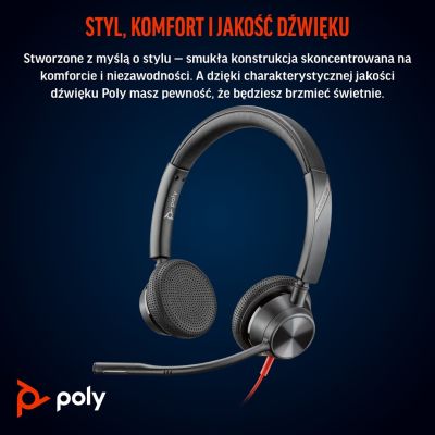 246. Słuchawki Poly Blackwire 3325 Stereo MS Teams Certified USB-C Headset +3.5mm Plug +USB-C/A Adapter 8X222AA