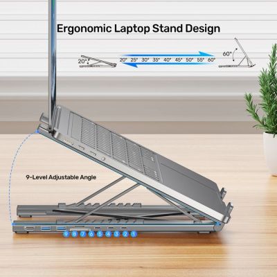 12. UNITEK PODSTAWKA POD LAPTOP REGULOWANA + HUB USB-C/A, HDMI 2.0, PD 100W