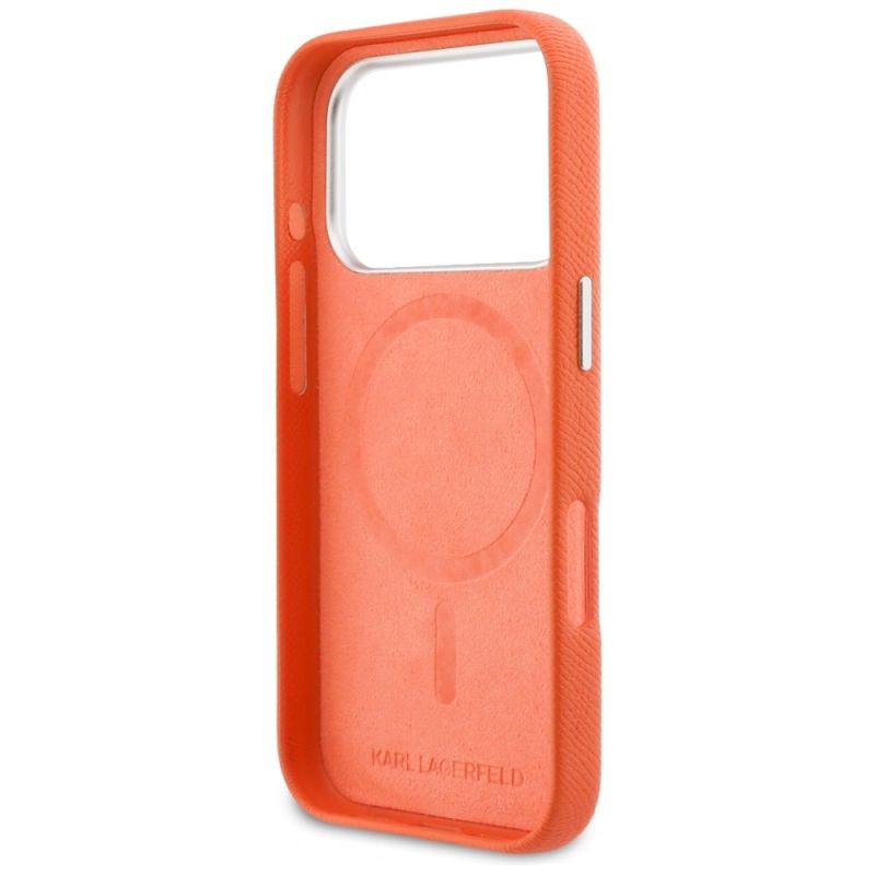 7. Etui Karl Lagerfeld Karl & Choupette Head Pins Saffiano MagSafe na iPhone 17 Pro Max - pomarańczowe