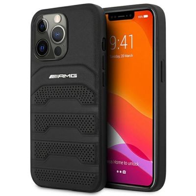 Etui AMG Leather Debossed Lines na iPhone 14 Pro Max - czarne