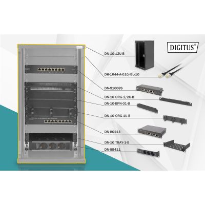 44. Zestaw sieciowy 10": szafa wisząca 12U, półka, listwa zasilająca, 8-port switch, panel kat.6, czarny