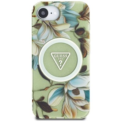 3. Etui Guess IML Metal Glitter Flowers Triangle MagSafe na iPhone 16e - zielone
