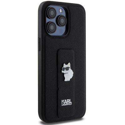 4. Etui Karl Lagerfeld Gripstand Saffiano Choupette Pins na iPhone 13 Pro Max - czarne