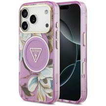 Etui Guess IML Glitter Flowers Triangle MagSafe na iPhone 18 Pro Max / 17 Pro Max - fioletowe